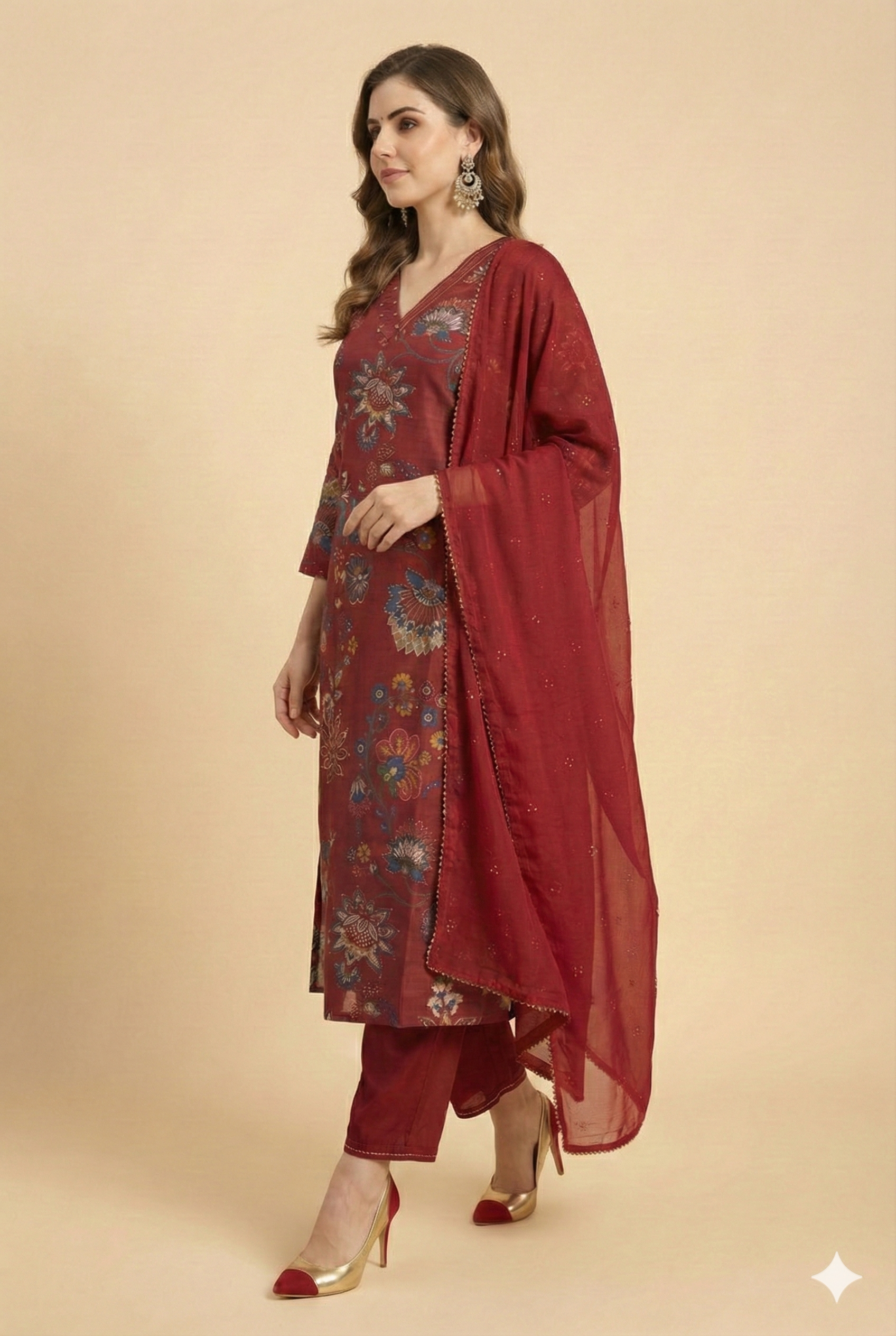 Red Straight-Cut Viscose Salwar Suit Featuring Beautiful All-Over Floral Prints