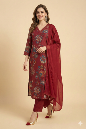 Red Straight-Cut Viscose Salwar Suit Featuring Beautiful All-Over Floral Prints