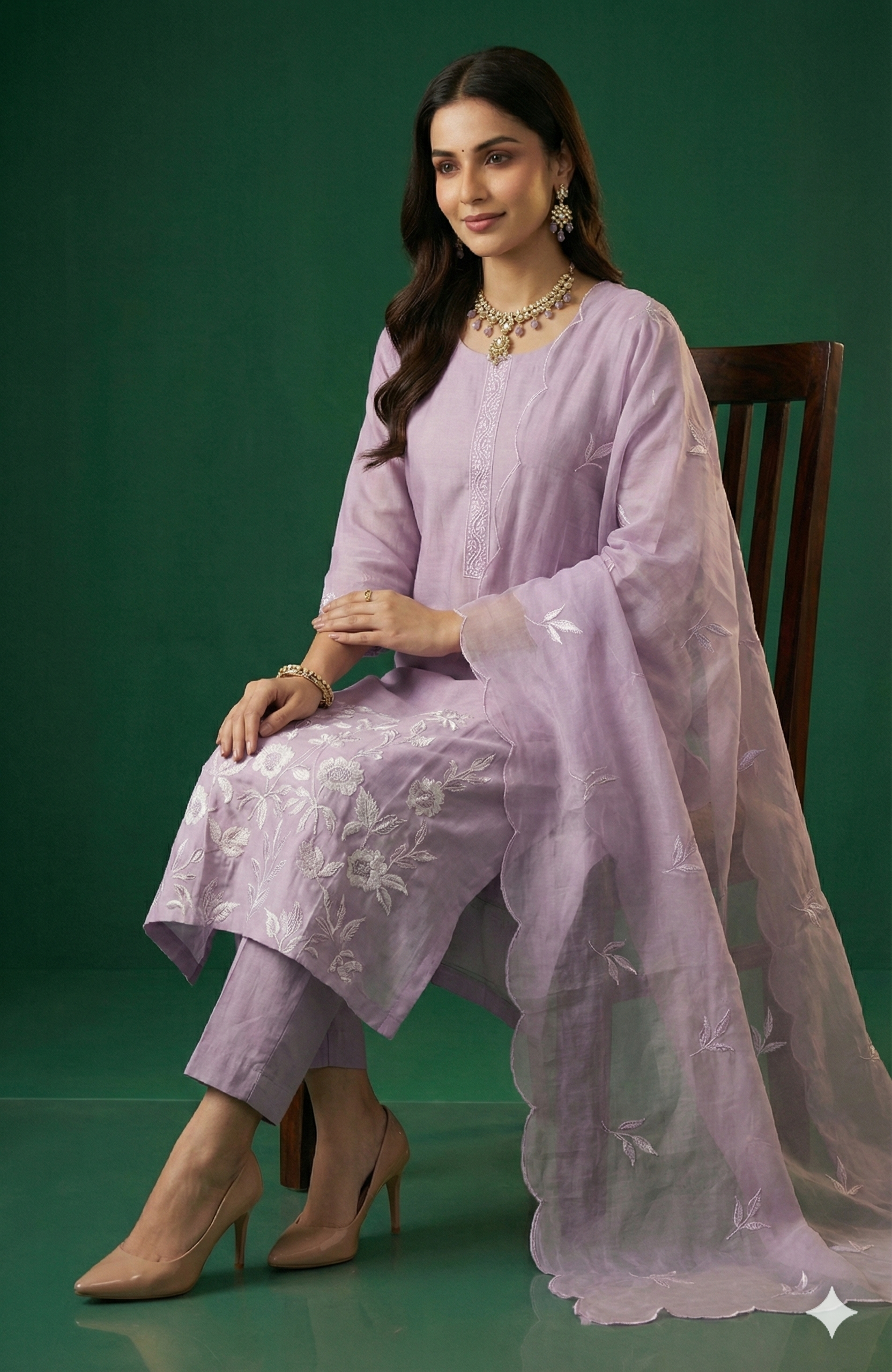Lavender Mul Chanderi Straight Cut Salwar Suit with Beautiful Floral Embroidered Work