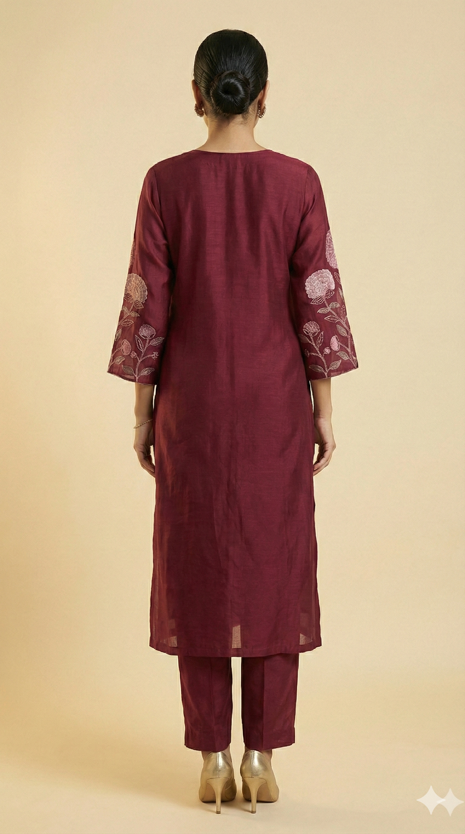 Wine Stylish Mul Chanderi Straight Cut Salwar Suit with Floral Embroidery Detailing