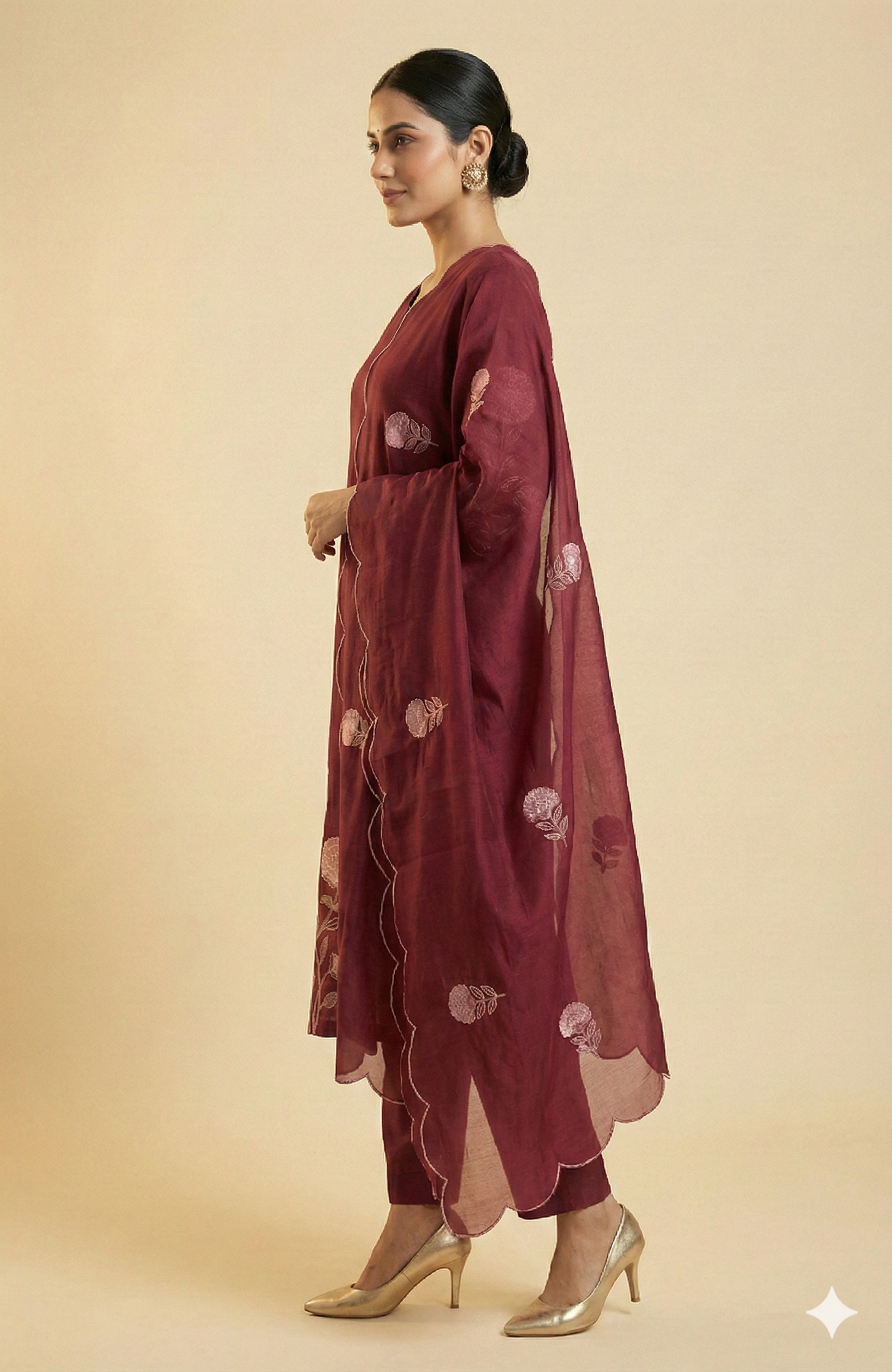 Wine Stylish Mul Chanderi Straight Cut Salwar Suit with Floral Embroidery Detailing