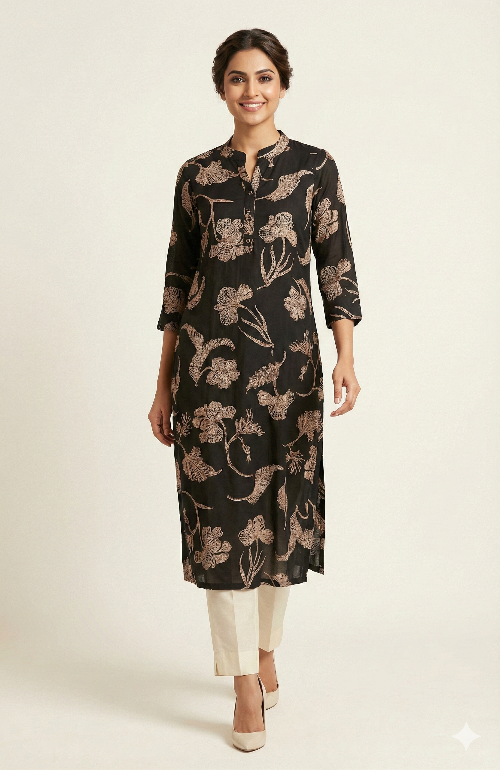 Black Floral Motif Viscose Straight Cut Kurti Offering a Blend of Comfort and Elegance