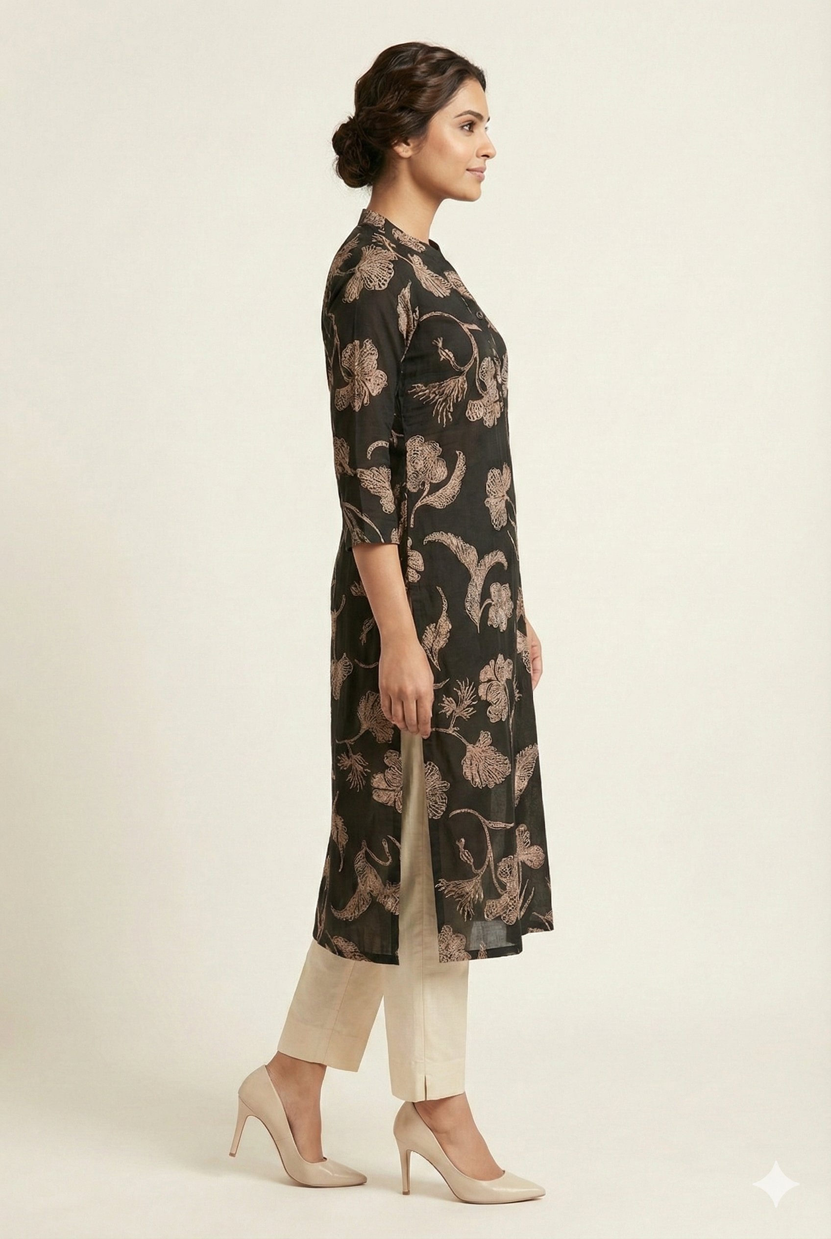 Black Floral Motif Viscose Straight Cut Kurti Offering a Blend of Comfort and Elegance