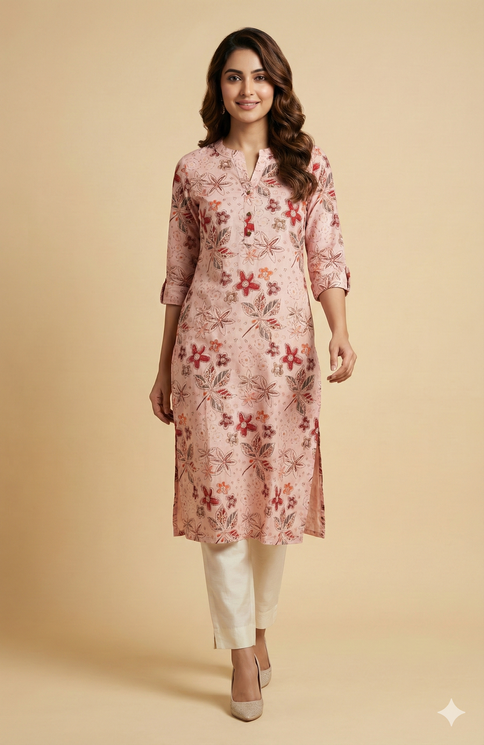 Pink Floral Motif Viscose Straight Cut Kurti Offering a Blend of Comfort and Elegance