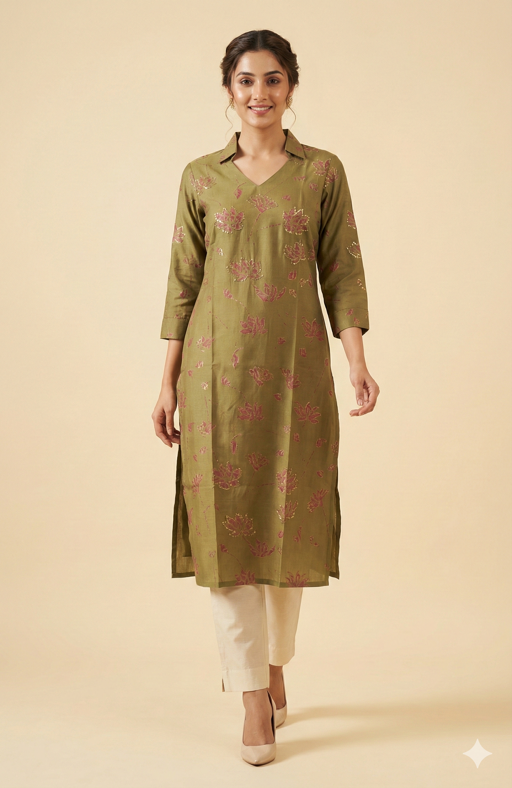 Green Floral Printed Viscose Straight Fit Kurti with Fine Handwork and Soft Comfort