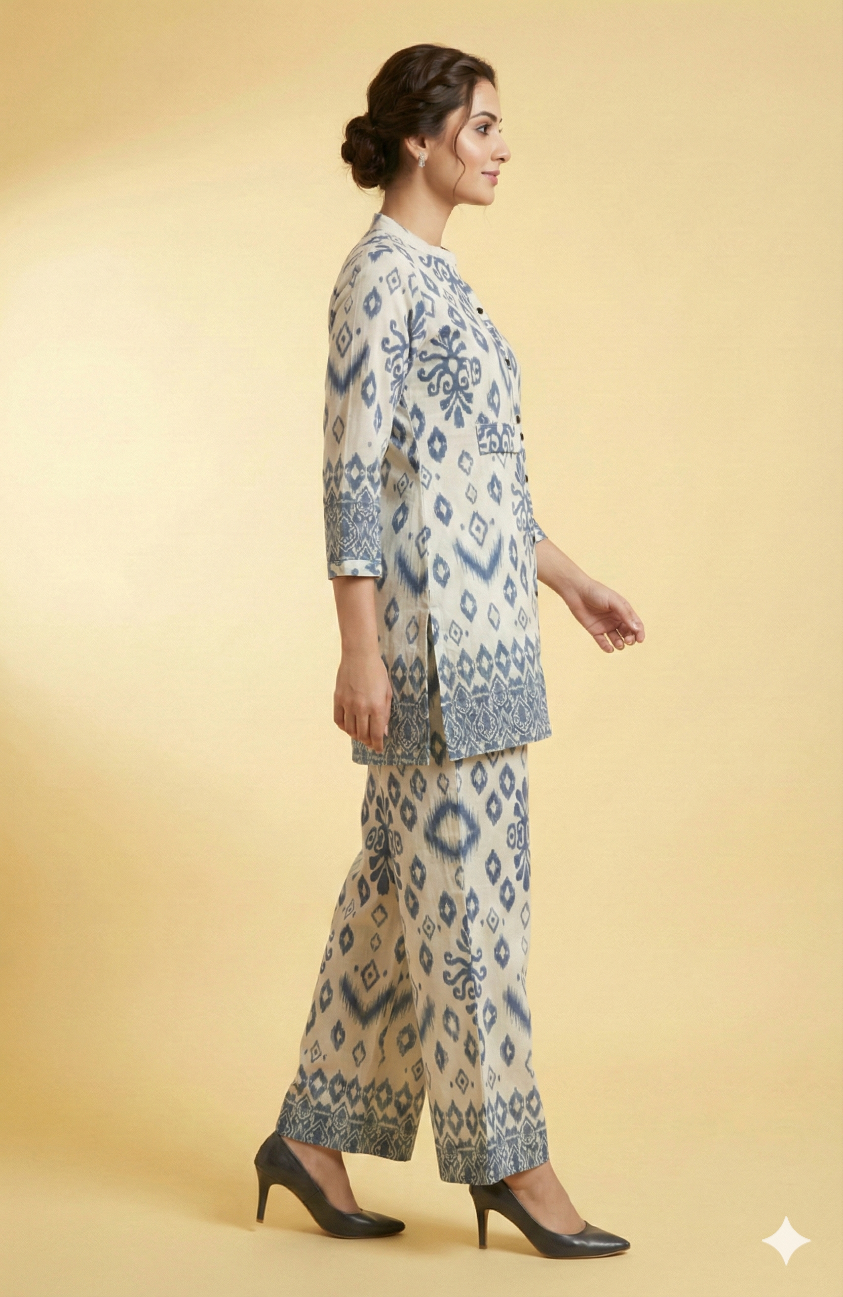 Grey Viscose Co-Ord Set Featuring Traditional Ikkat Style Prints with Matching Pant