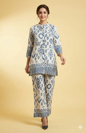 Grey Viscose Co-Ord Set Featuring Traditional Ikkat Style Prints with Matching Pant