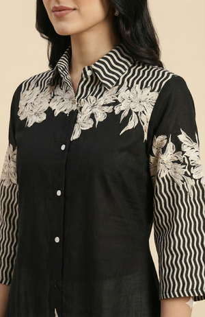Classic Black Floral Printed Rayon Top Designed in a Comfortable Straight Fit