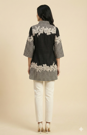 Classic Black Floral Printed Rayon Top Designed in a Comfortable Straight Fit