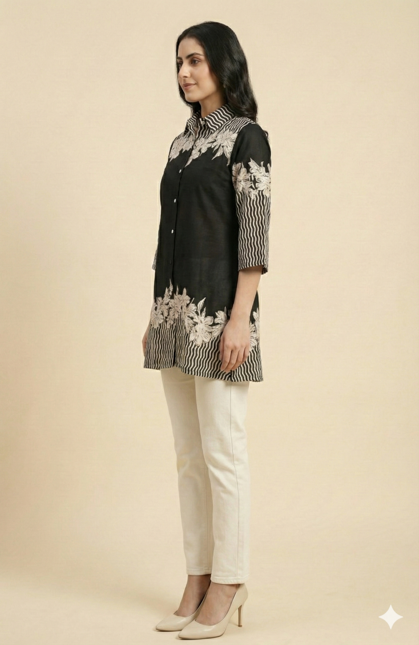 Classic Black Floral Printed Rayon Top Designed in a Comfortable Straight Fit