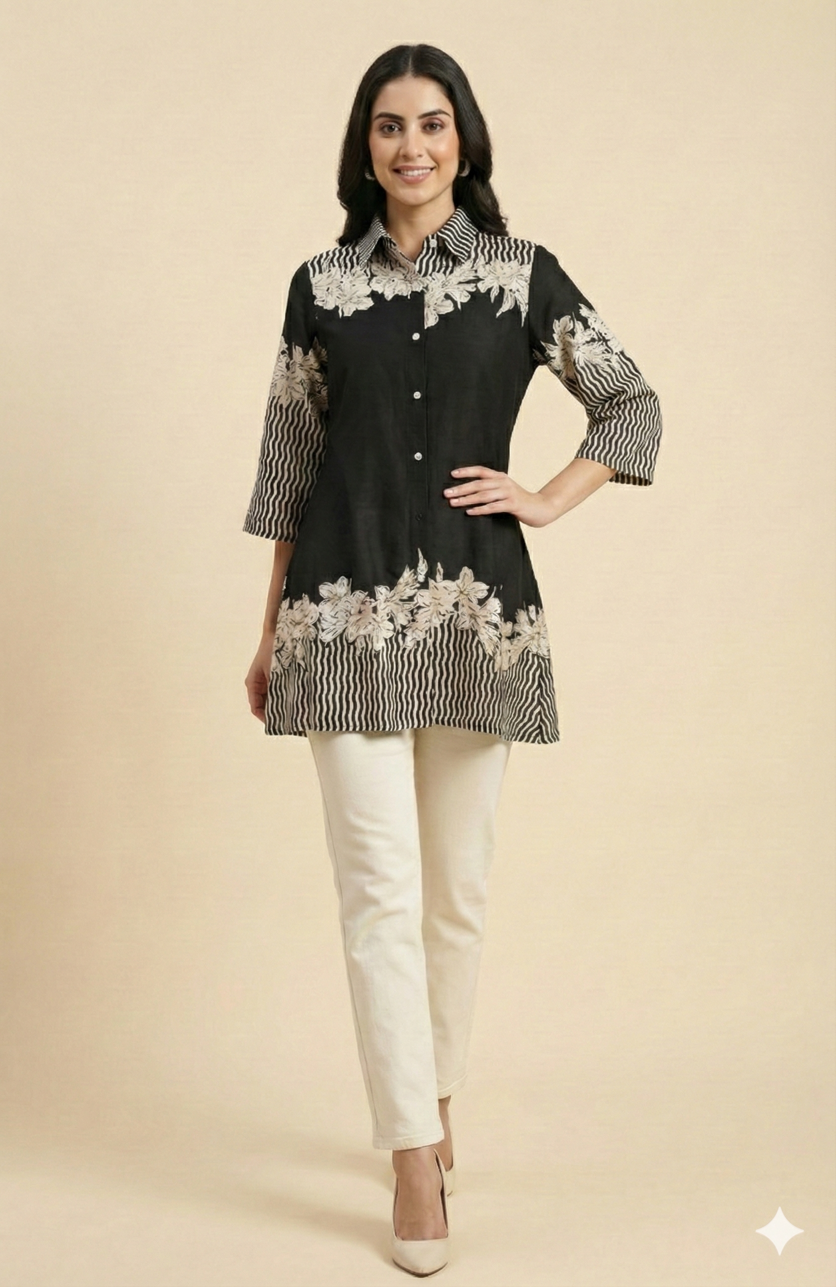 Classic Black Floral Printed Rayon Top Designed in a Comfortable Straight Fit