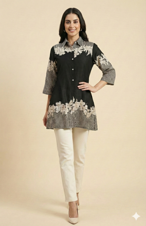 Classic Black Floral Printed Rayon Top Designed in a Comfortable Straight Fit