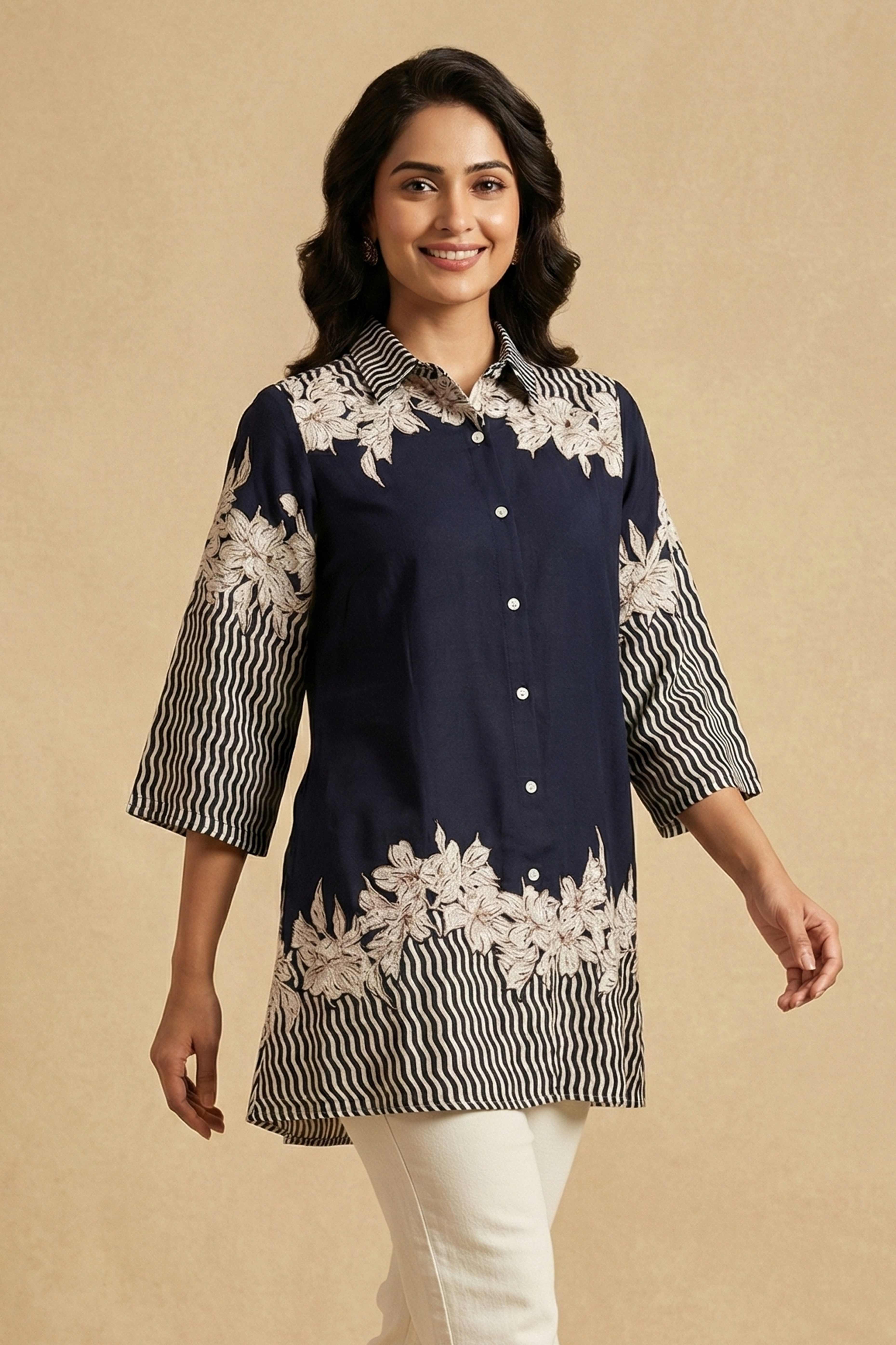 Classic Navy Blue Floral Printed Rayon Top Designed in a Comfortable Straight Fit