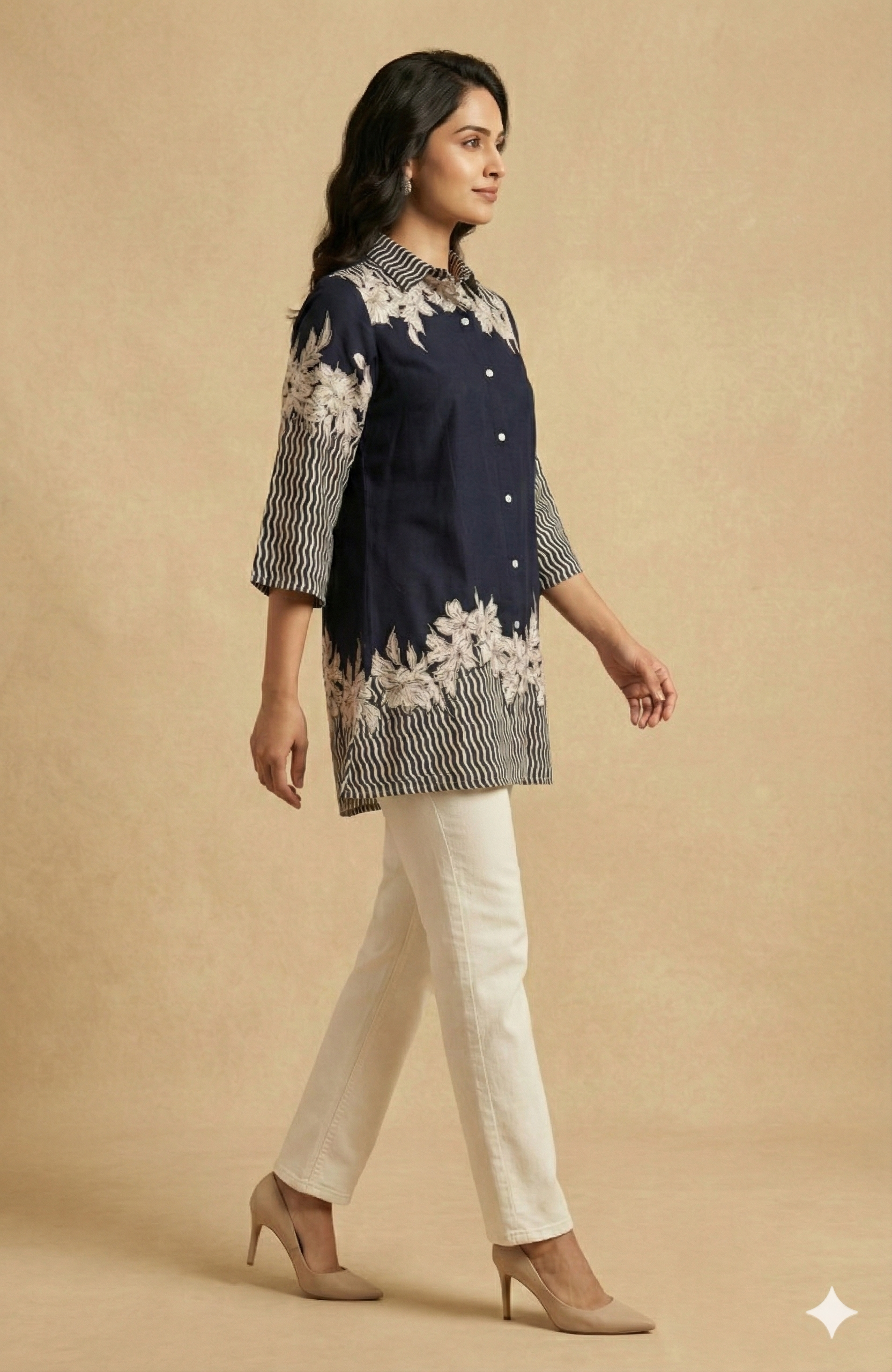 Classic Navy Blue Floral Printed Rayon Top Designed in a Comfortable Straight Fit