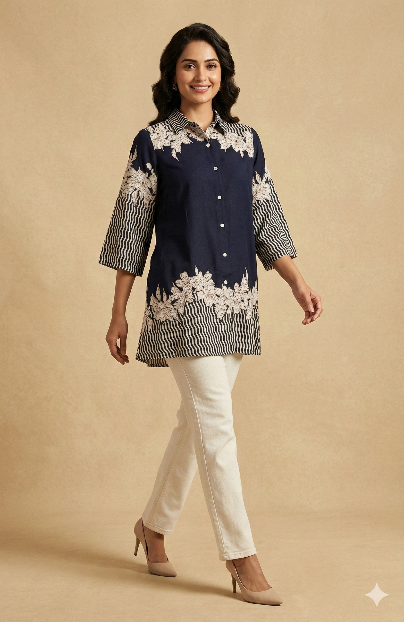 Classic Navy Blue Floral Printed Rayon Top Designed in a Comfortable Straight Fit