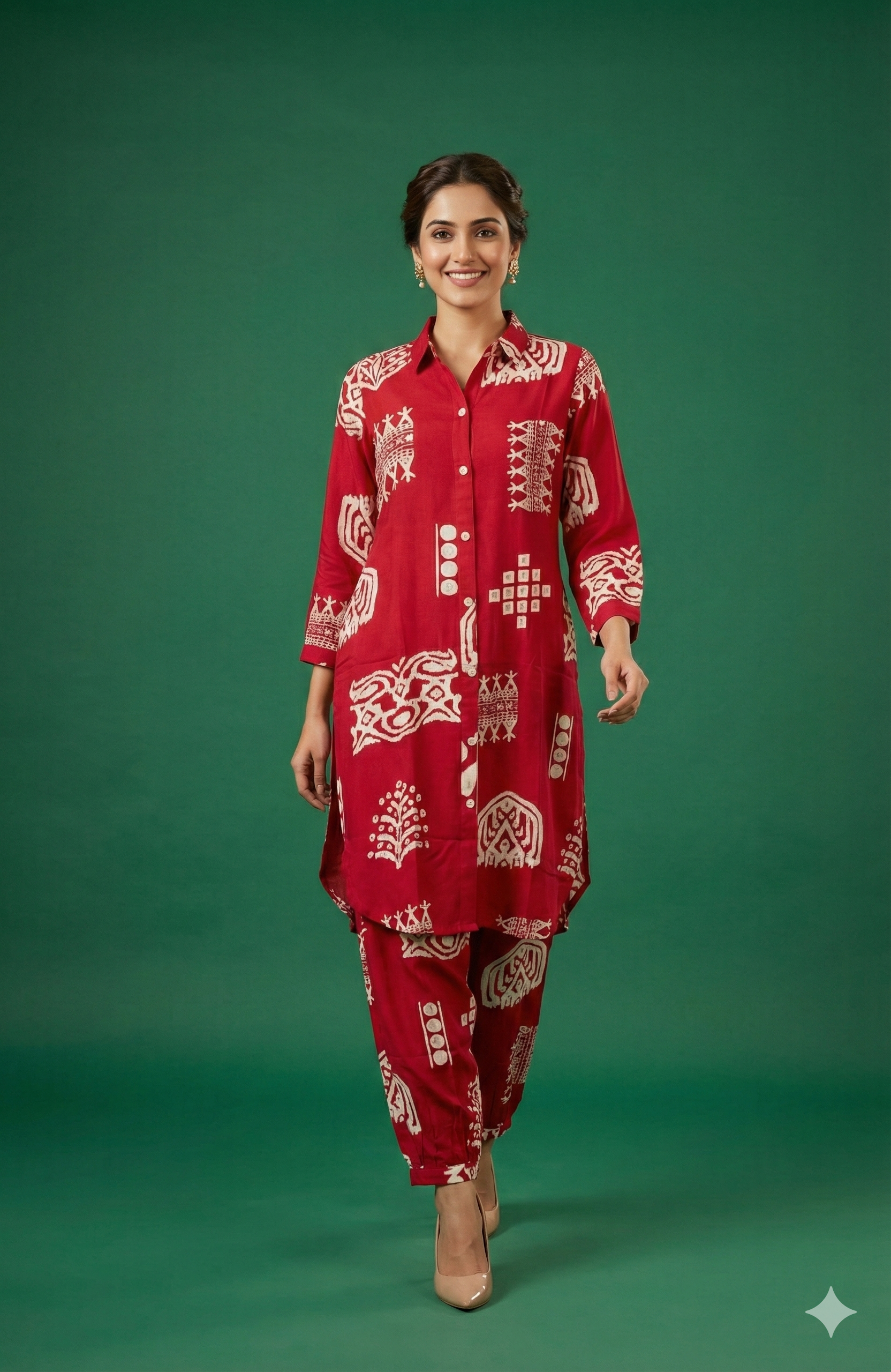 Chic Pink Rayon Top Bottom Set Featuring Ethnic Geometric Prints