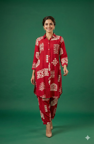 Chic Pink Rayon Top Bottom Set Featuring Ethnic Geometric Prints
