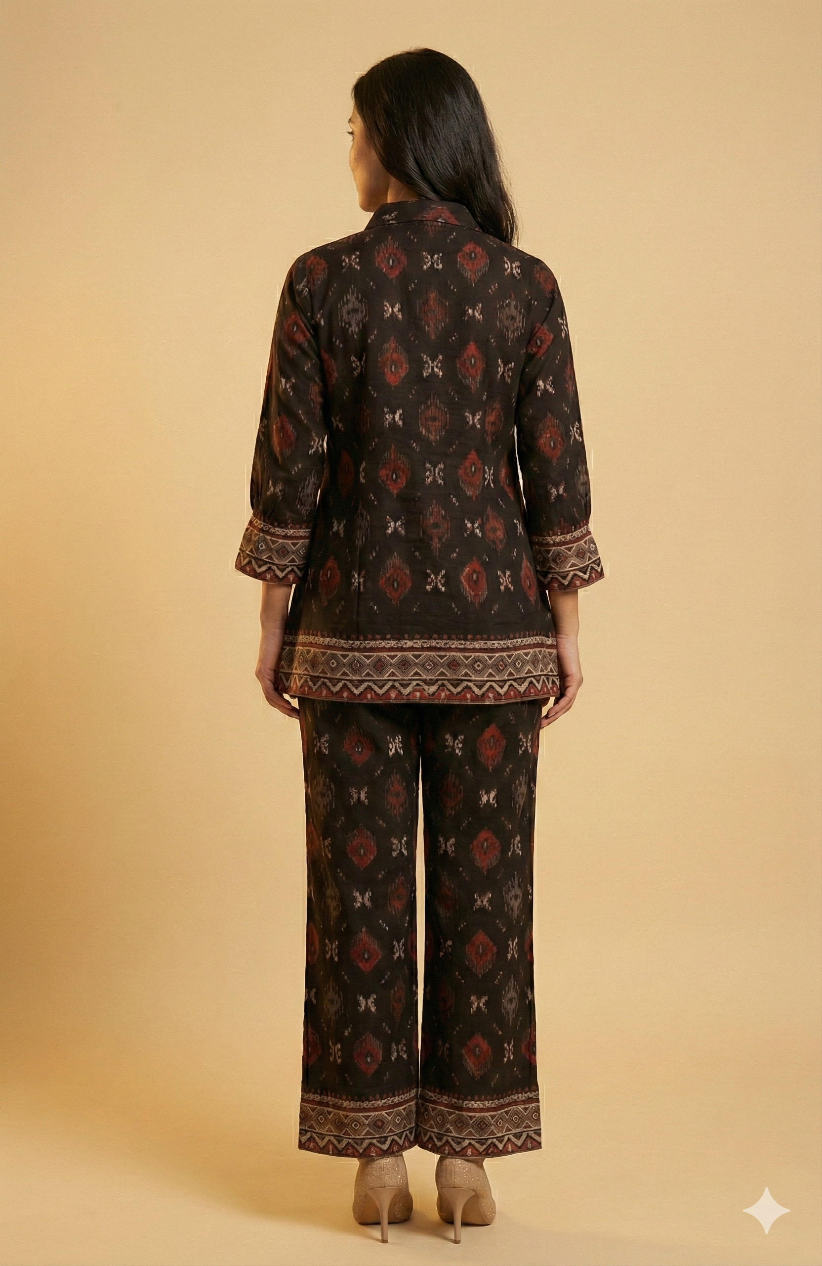 Black Ikkat Printed Viscose A-Line Top Bottom Set with Ethnic Contemporary Appeal