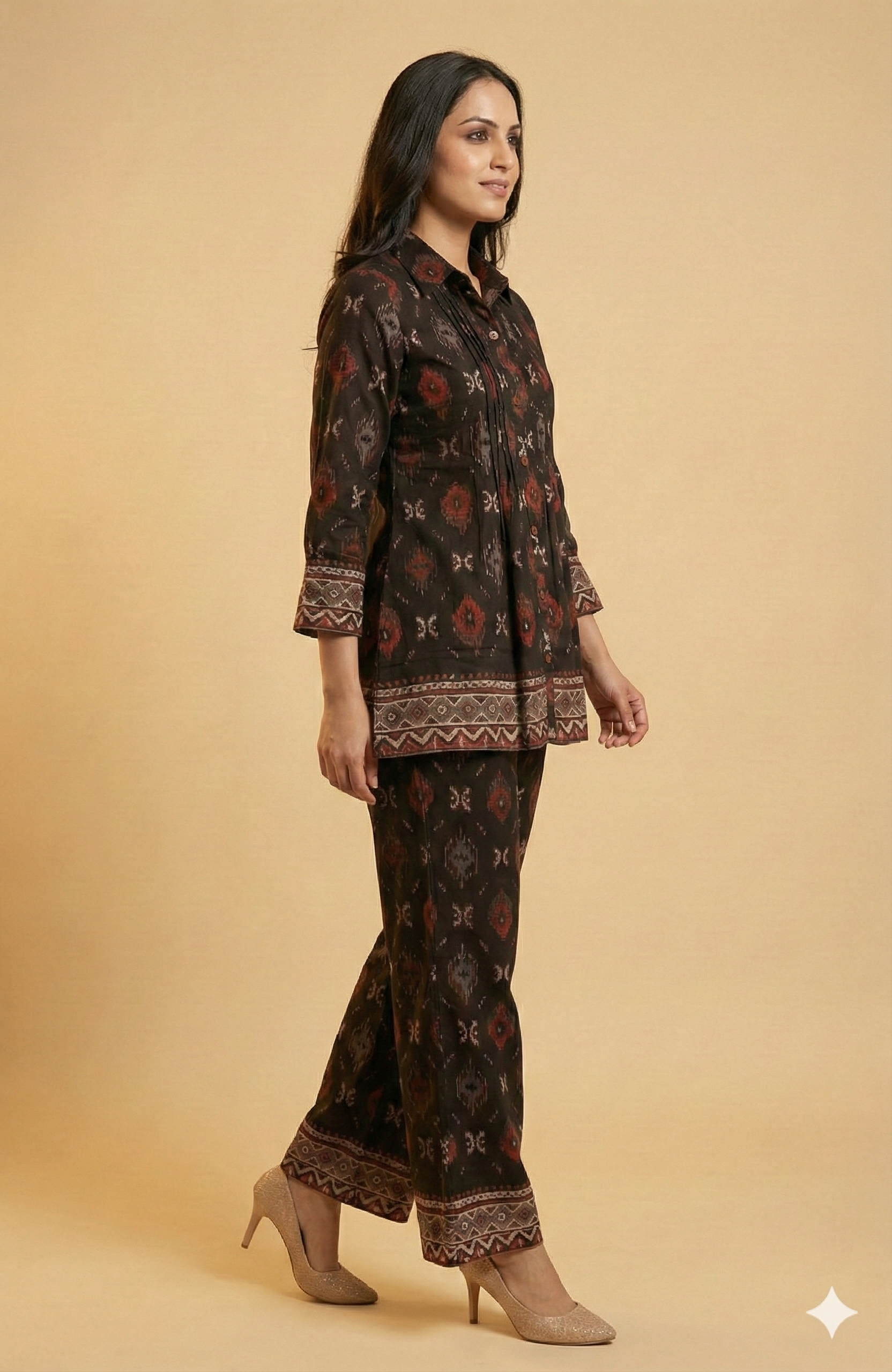 Black Ikkat Printed Viscose A-Line Top Bottom Set with Ethnic Contemporary Appeal