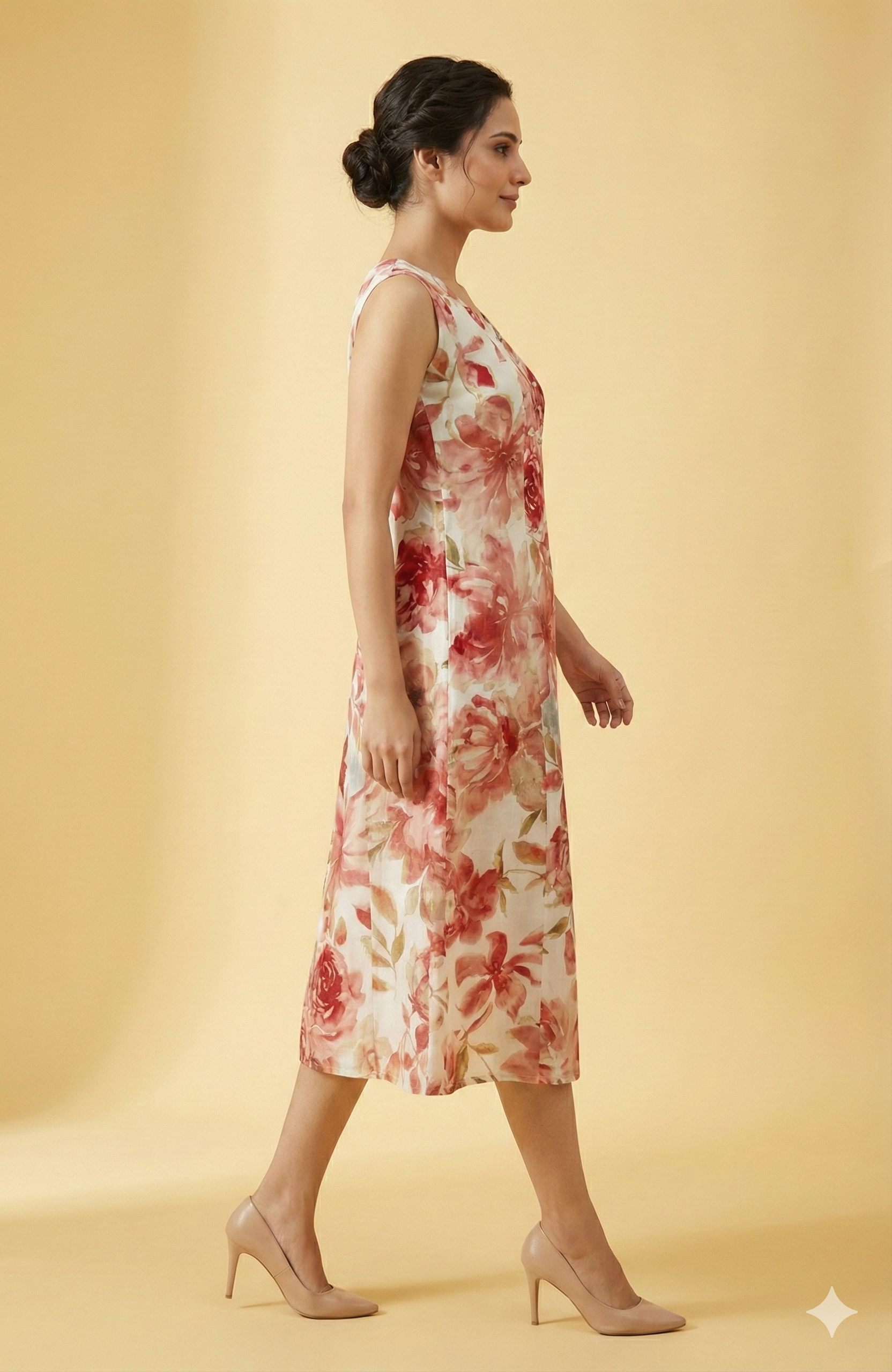 Elegant Off White Floral Foil Printed Polyester Midi Dress for Daywear