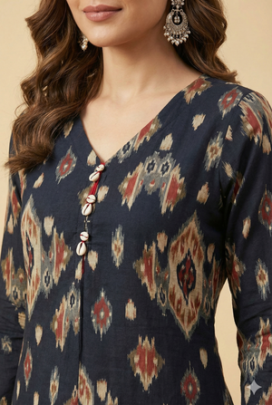 Blue Straight Cut Rayon Kurti with Traditional Ikkat Design and Foil Finish