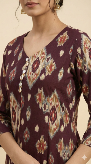 Wine Straight Cut Rayon Kurti with Traditional Ikkat Design and Foil Finish