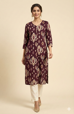 Wine Straight Cut Rayon Kurti with Traditional Ikkat Design and Foil Finish