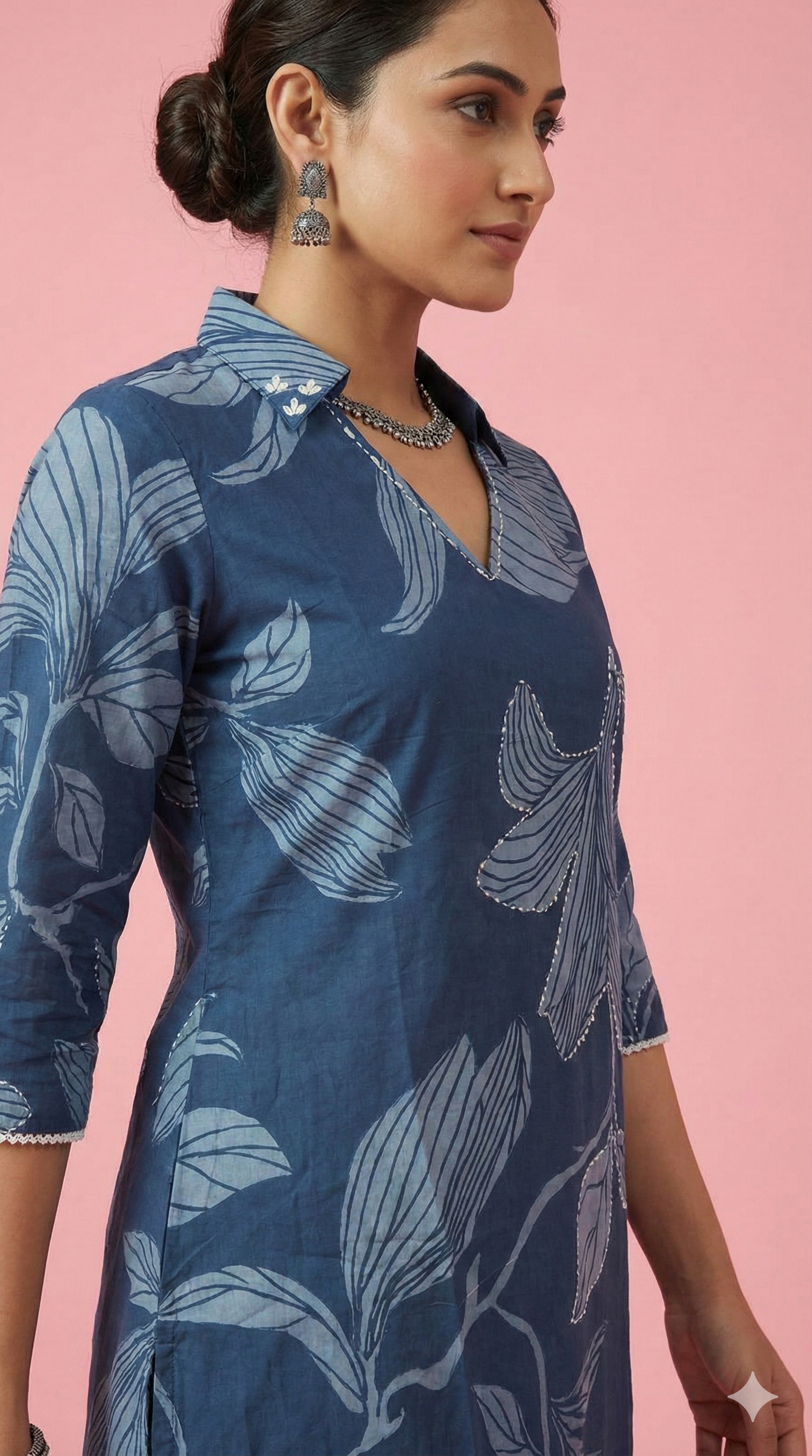 Navy Blue Floral Printed Pure Cotton A-Line Kurti Style Top and Bottom Set