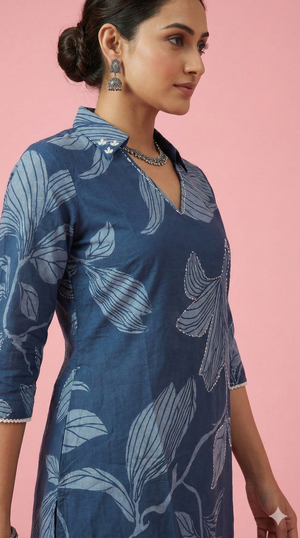 Navy Blue Floral Printed Pure Cotton A-Line Kurti Style Top and Bottom Set