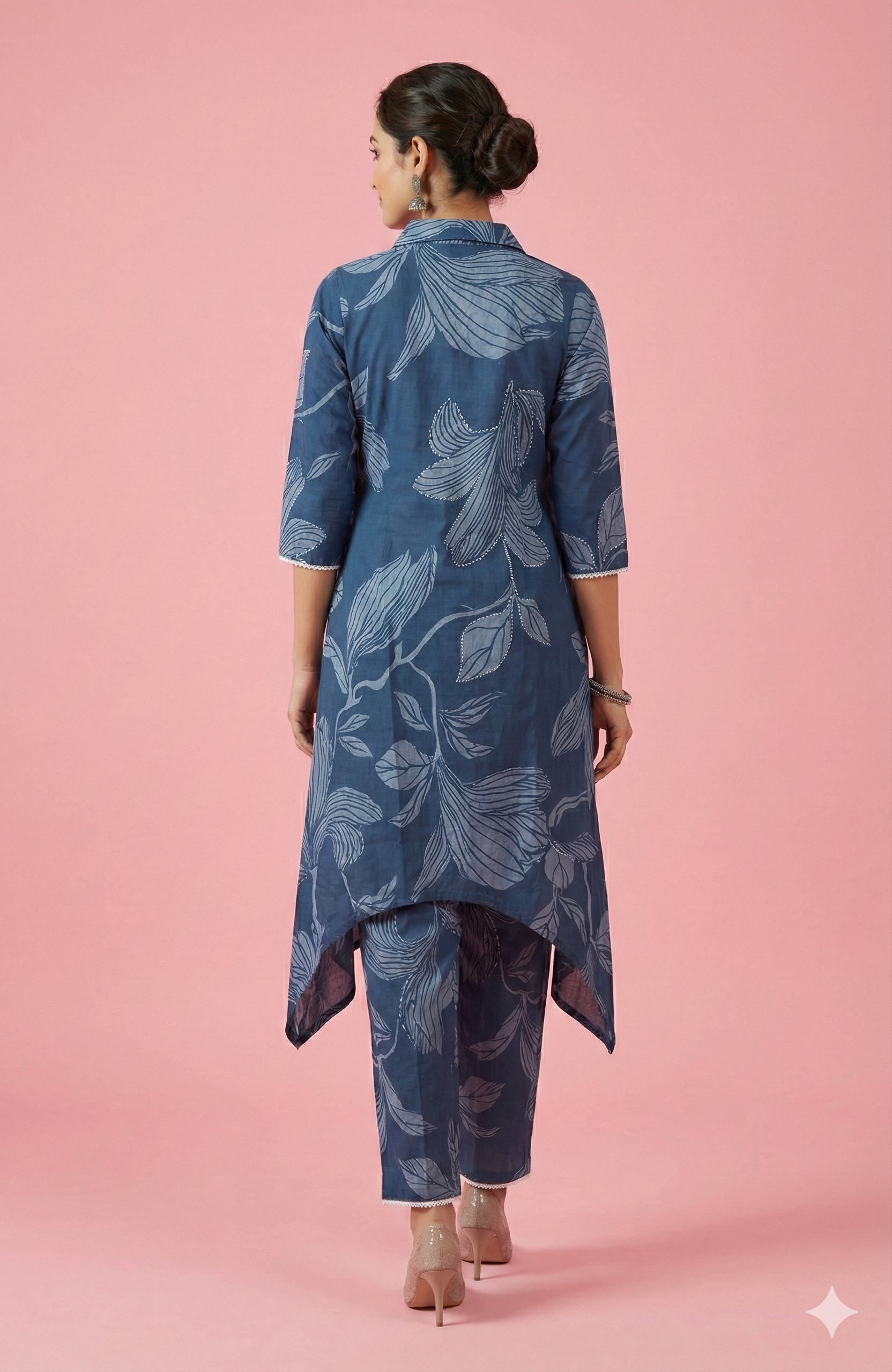 Navy Blue Floral Printed Pure Cotton A-Line Kurti Style Top and Bottom Set