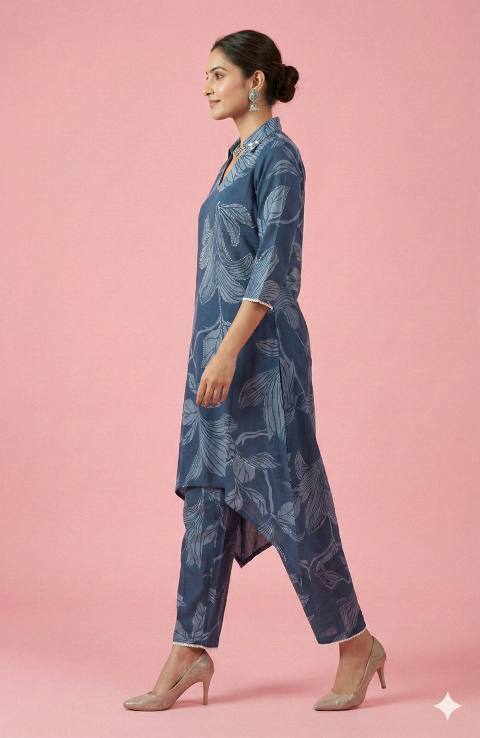 Navy Blue Floral Printed Pure Cotton A-Line Kurti Style Top and Bottom Set