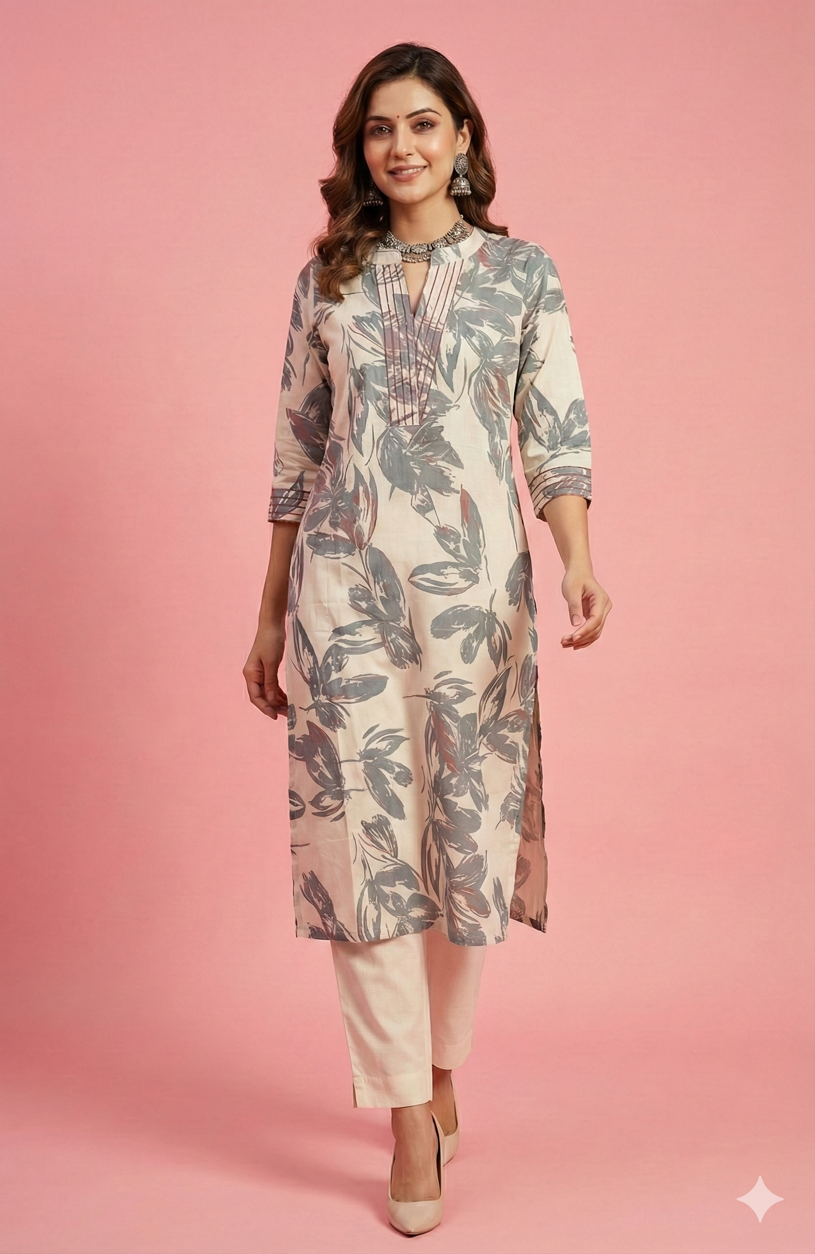 Blue Grey Contemporary Floral Printed Viscose Kurti with Subtle Foil Work