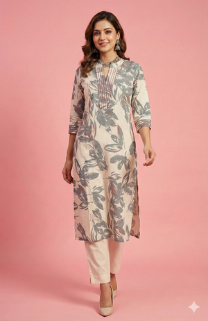 Blue Grey Contemporary Floral Printed Viscose Kurti with Subtle Foil Work