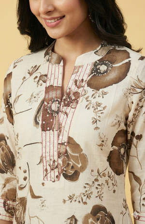 Brown Contemporary Floral Printed Viscose Kurti with Subtle Foil Work