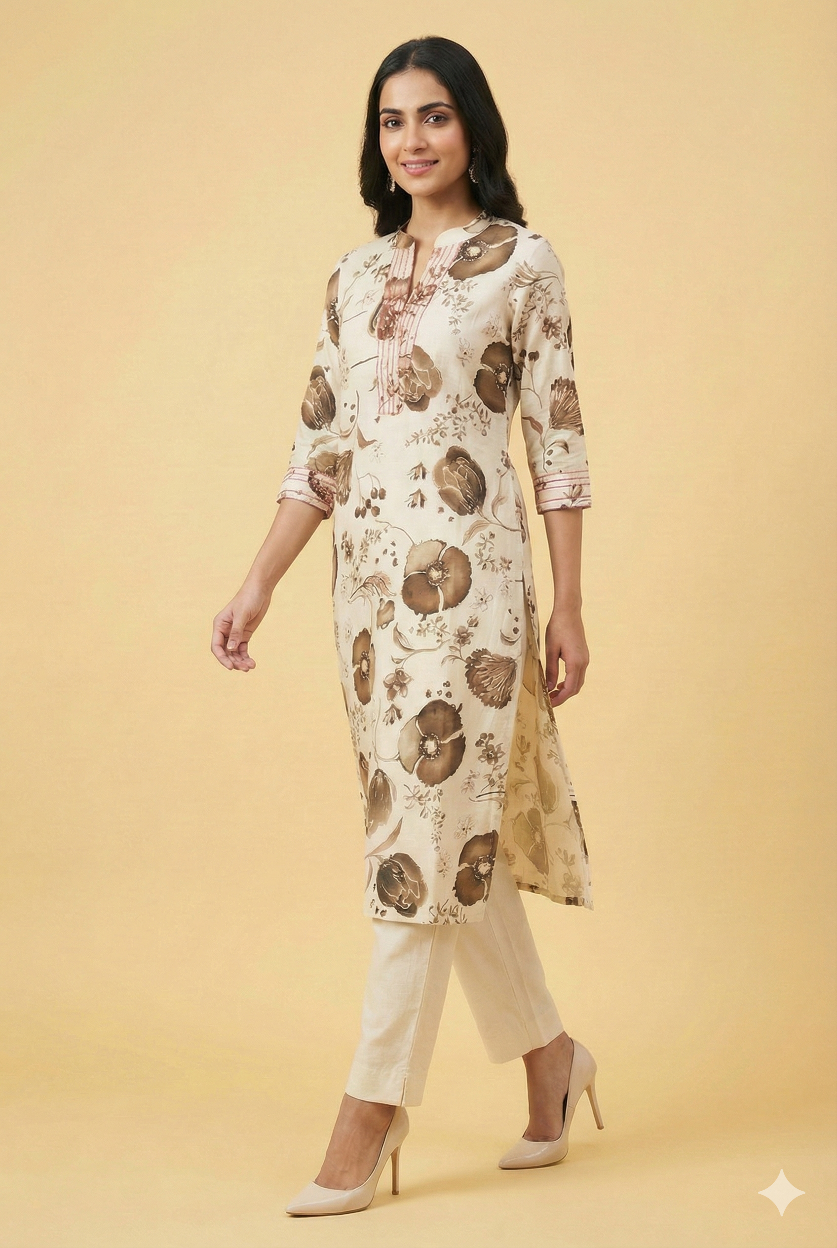 Brown Contemporary Floral Printed Viscose Kurti with Subtle Foil Work
