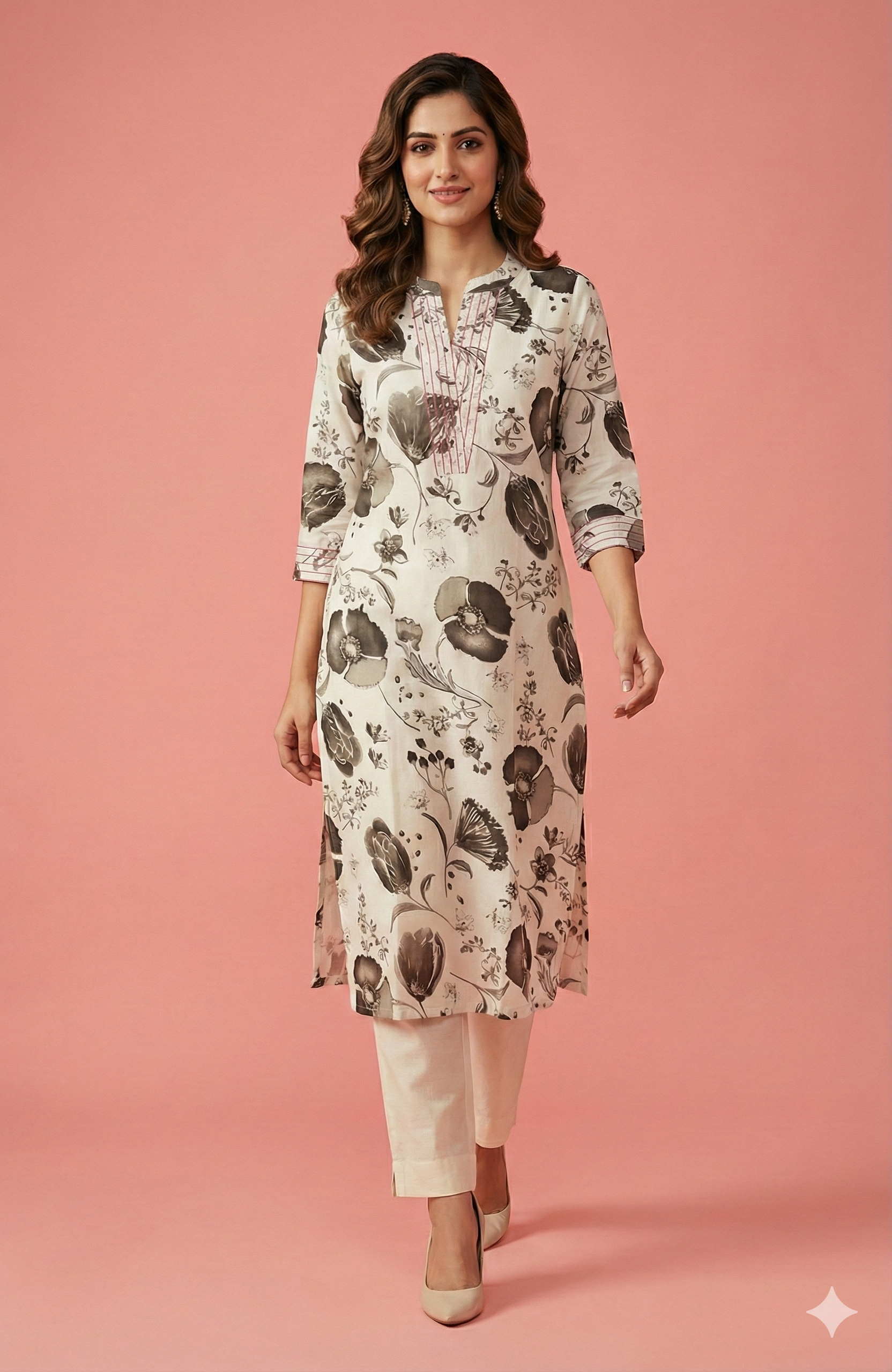 Comfortable Dark Grey Floral Printed Viscose Blend Straight Fit Kurti