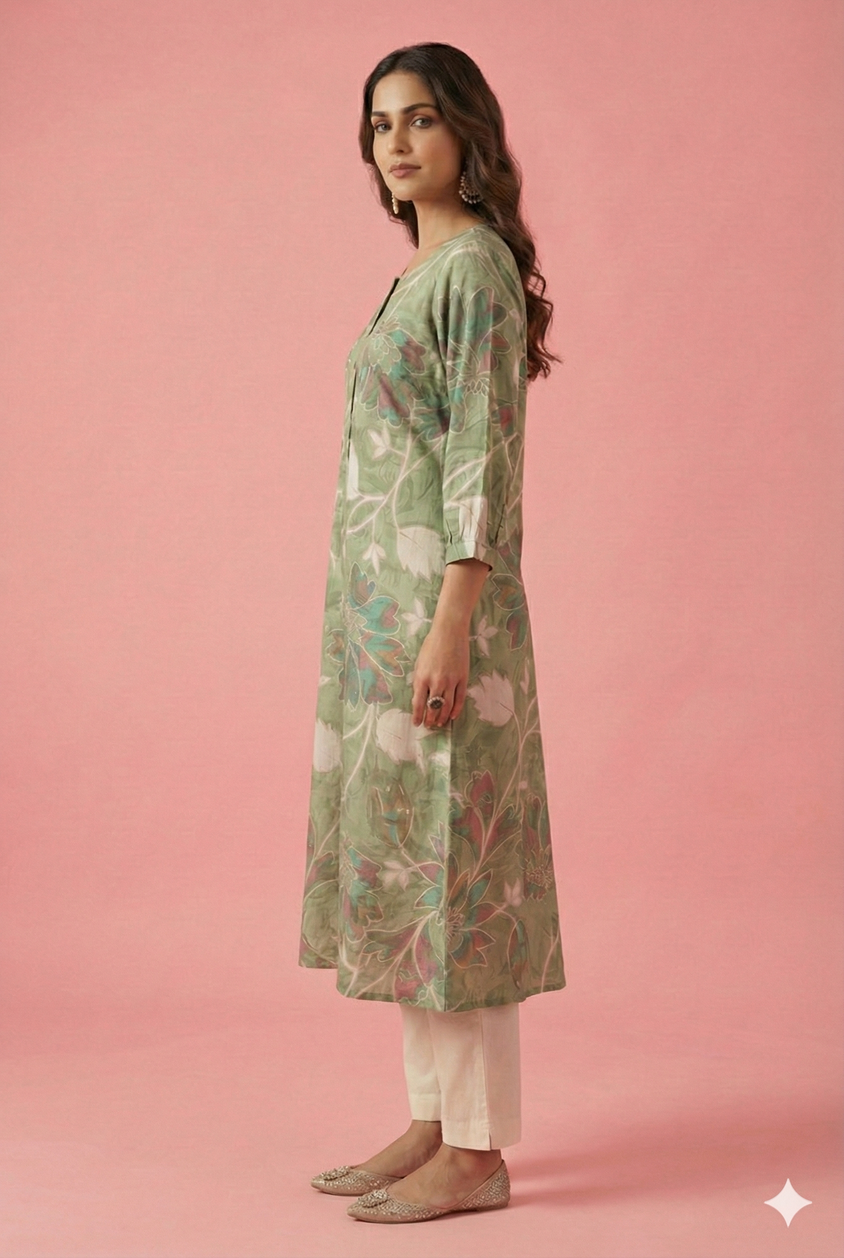 Green Floral Printed Rayon Kurti with Subtle Foil Detailing and A-Line Fit