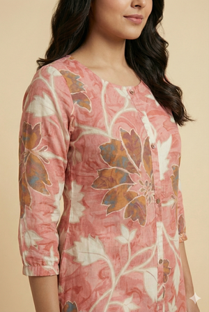 Pink Floral Printed Rayon Kurti with Subtle Foil Detailing and A-Line Fit