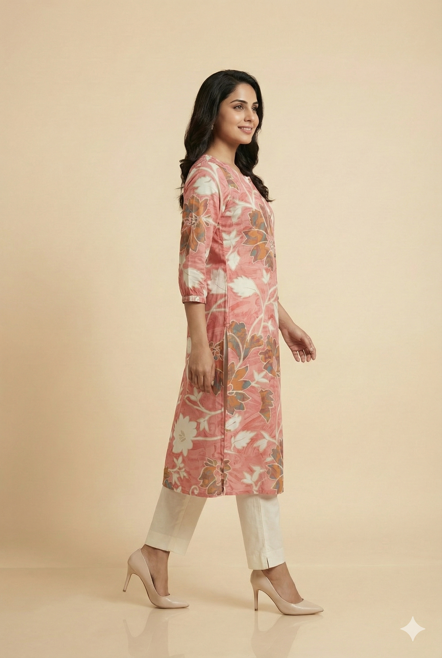 Pink Floral Printed Rayon Kurti with Subtle Foil Detailing and A-Line Fit