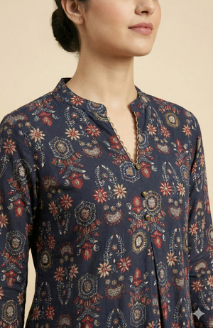 Blue Floral Printed Rayon Kurti Top with Clean Straight Cut and Short Length