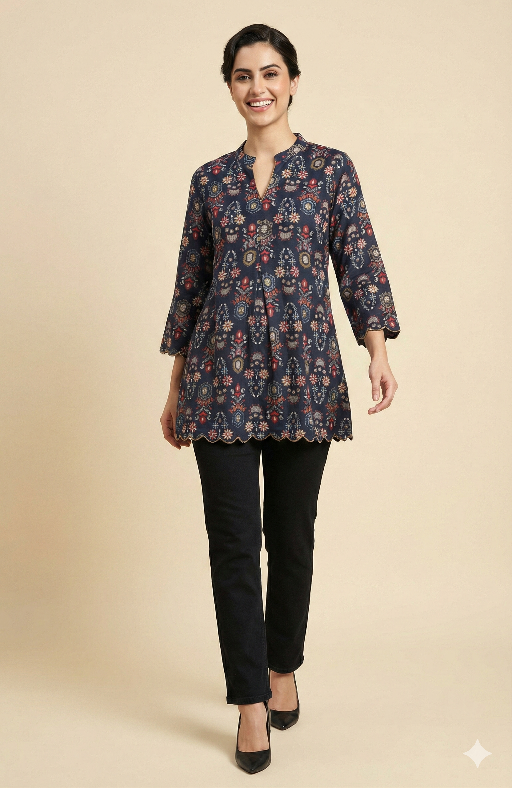 Blue Floral Printed Rayon Kurti Top with Clean Straight Cut and Short Length
