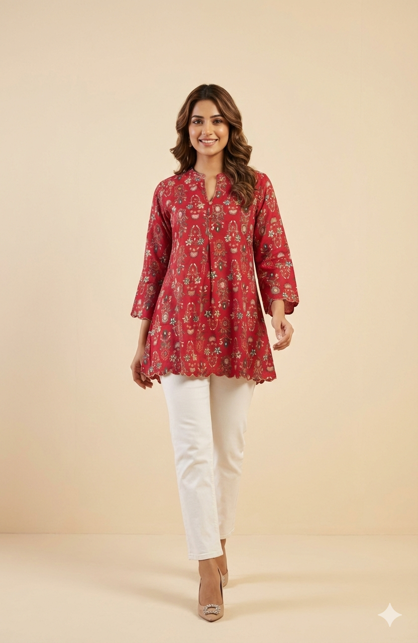 Pink Floral Printed Rayon Kurti Top with Clean Straight Cut and Short Length