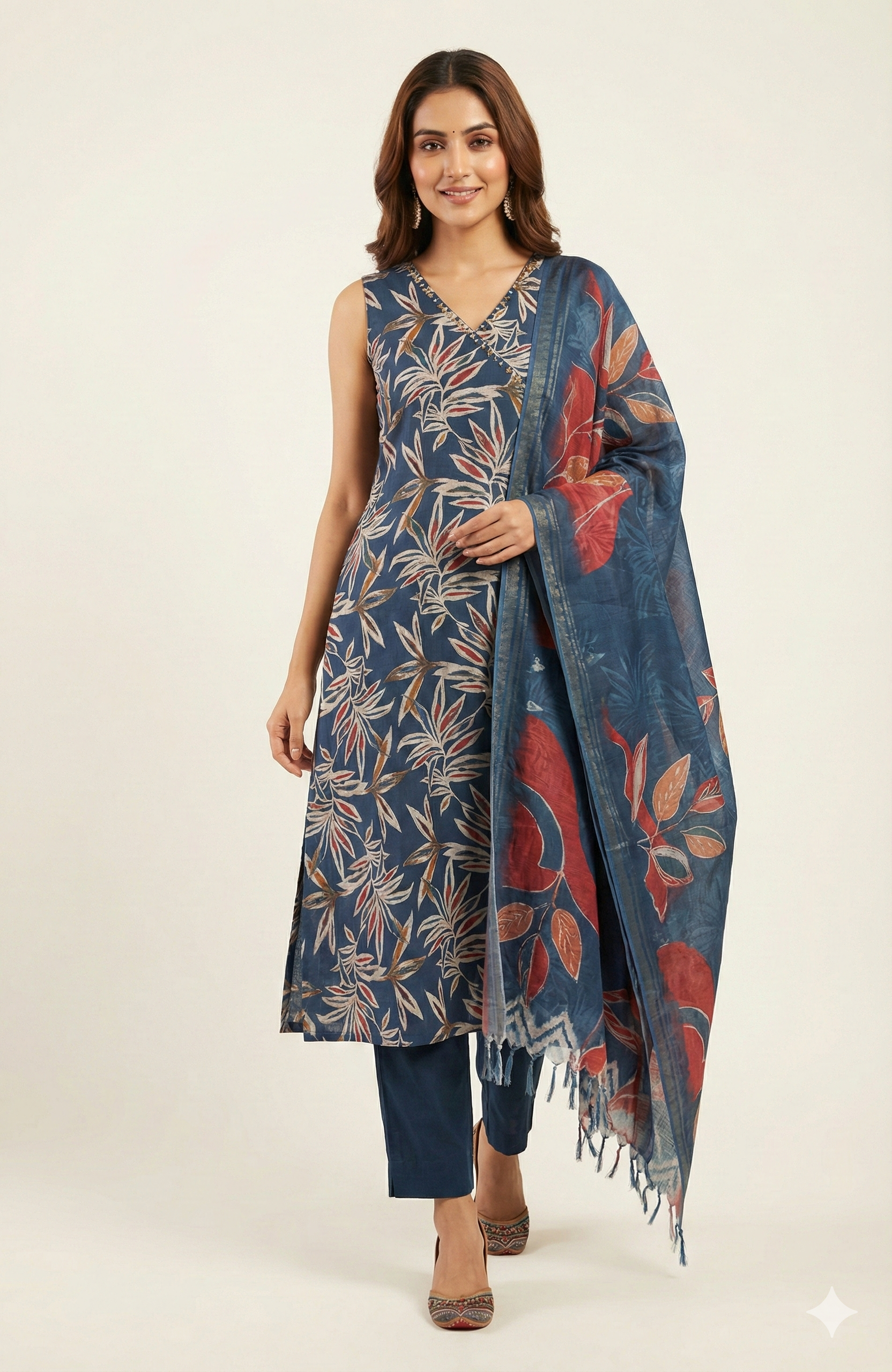 Navy Blue Floral Foil Printed Viscose Salwar Suit in Angrakha Design