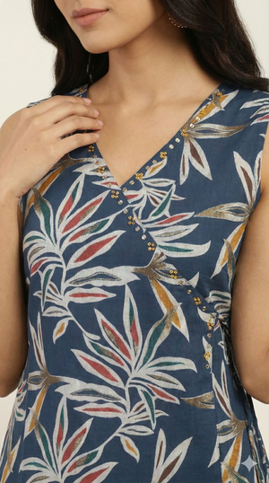 Navy Blue Floral Foil Printed Viscose Salwar Suit in Angrakha Design