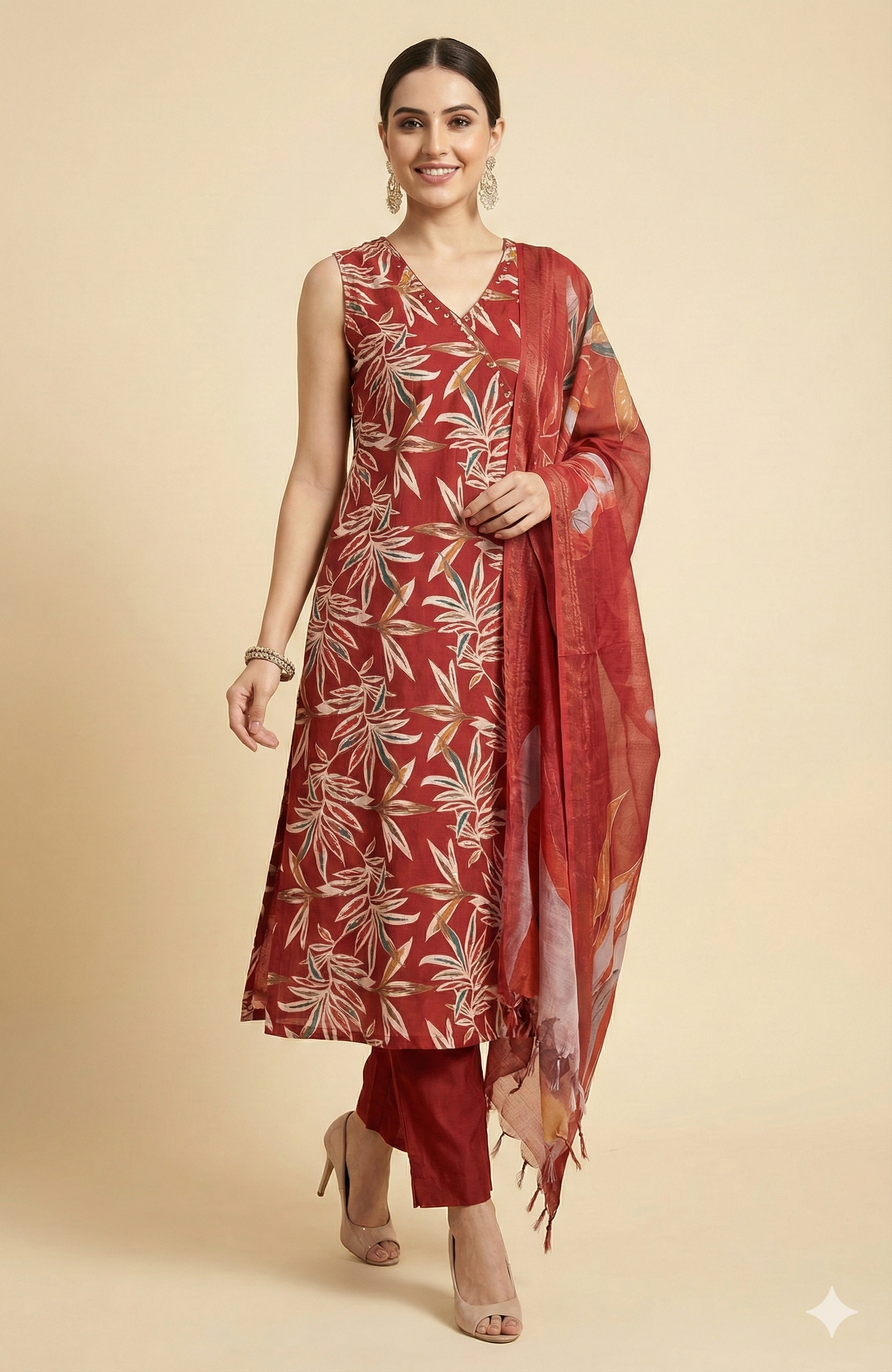 Red Floral Foil Printed Viscose Salwar Suit in Angrakha Design