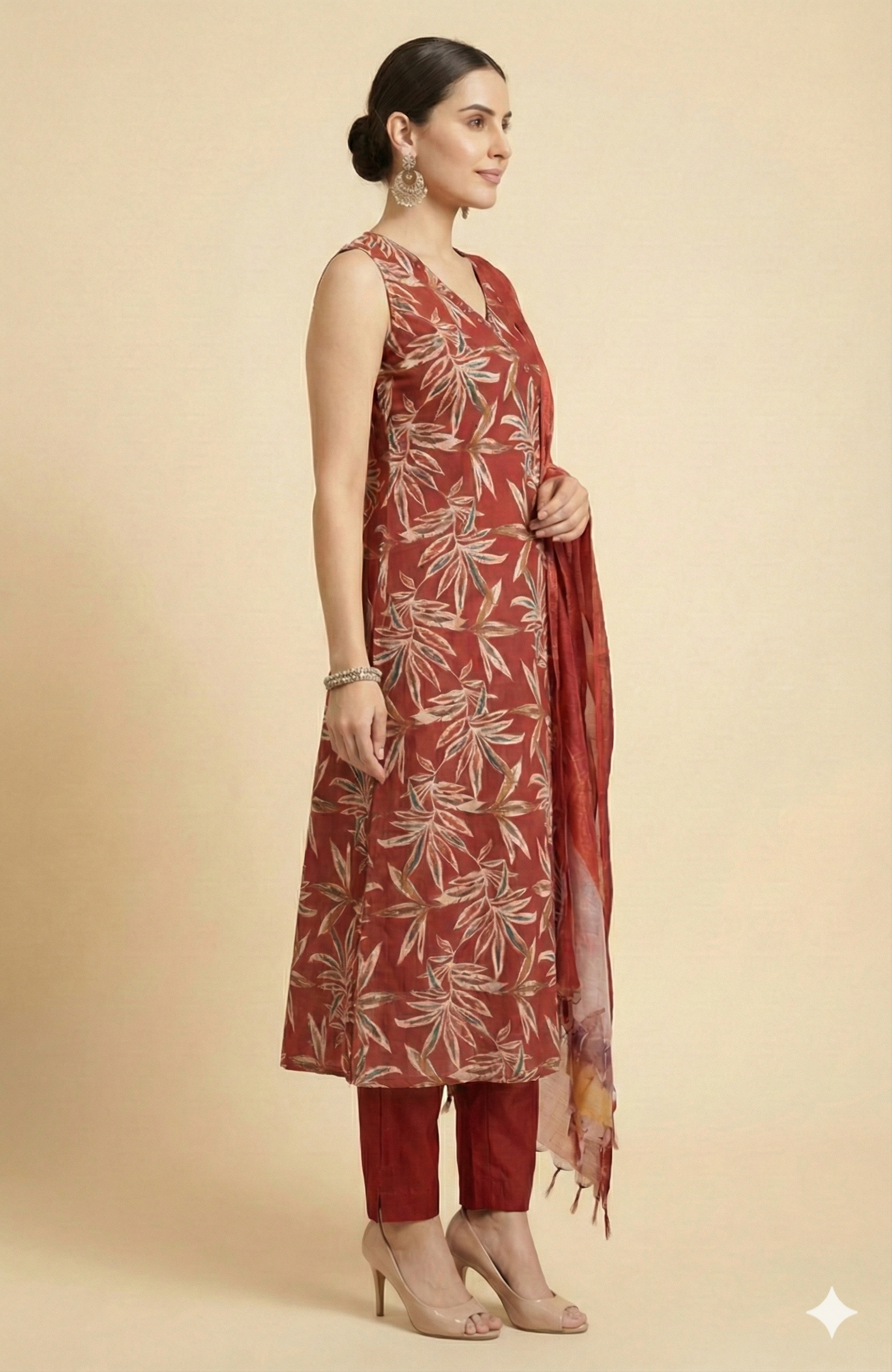 Red Floral Foil Printed Viscose Salwar Suit in Angrakha Design