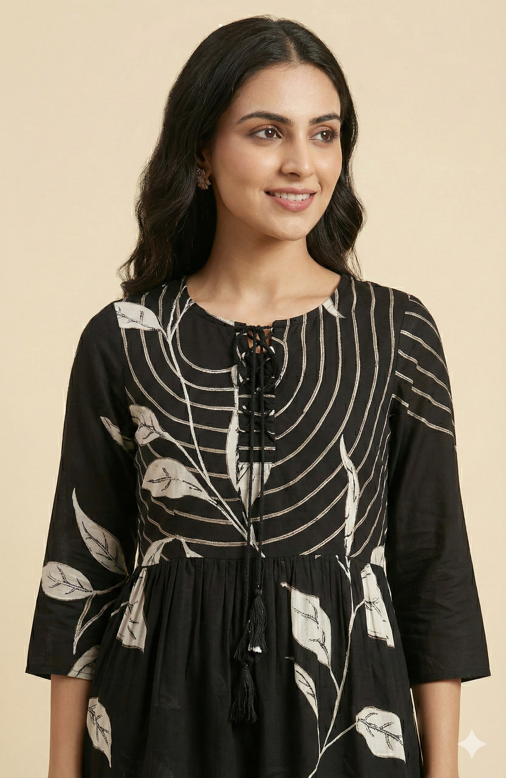 Black Floral Print Rayon A-Line Top and Pant Set with Modern Ethnic Look