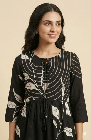 Black Floral Print Rayon A-Line Top and Pant Set with Modern Ethnic Look