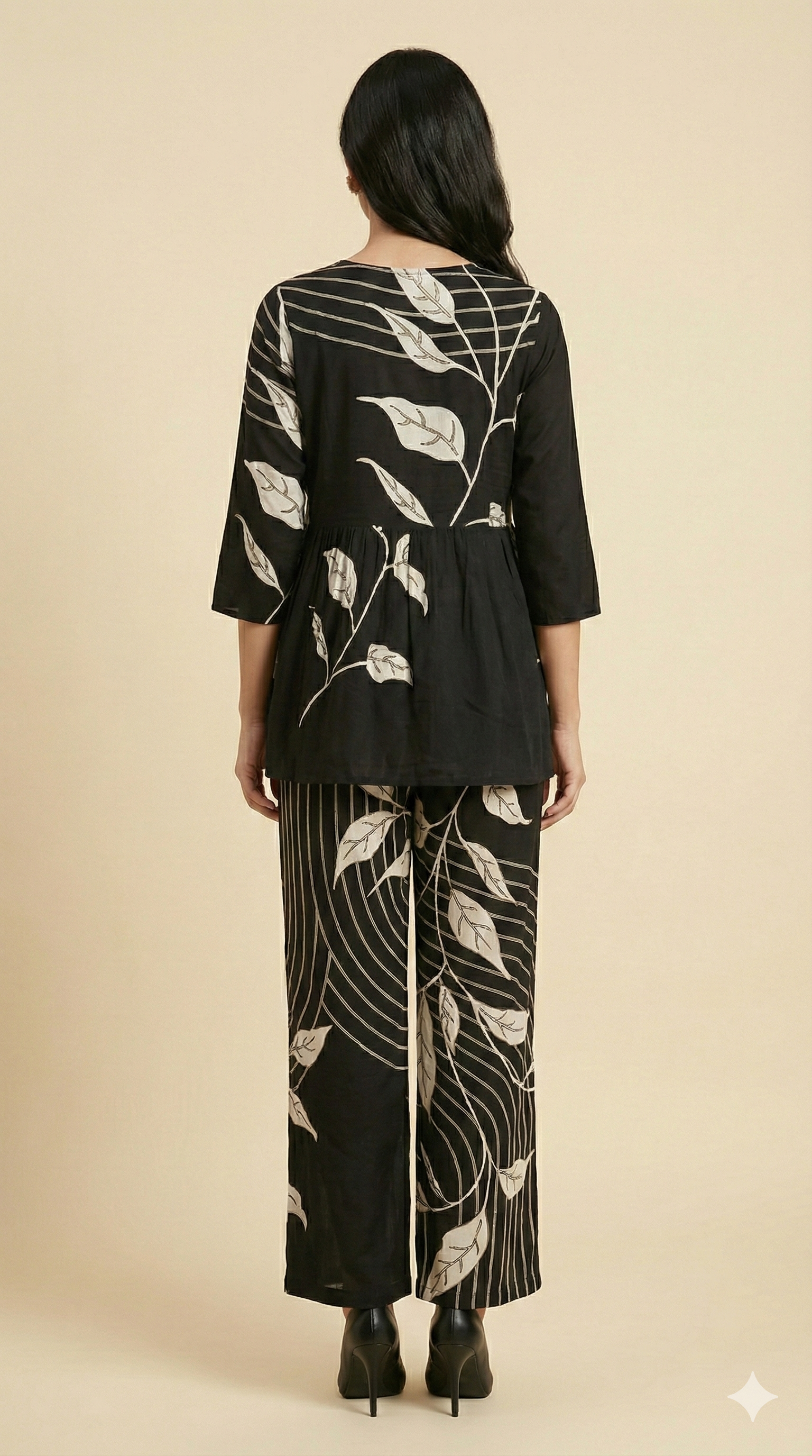 Black Floral Print Rayon A-Line Top and Pant Set with Modern Ethnic Look