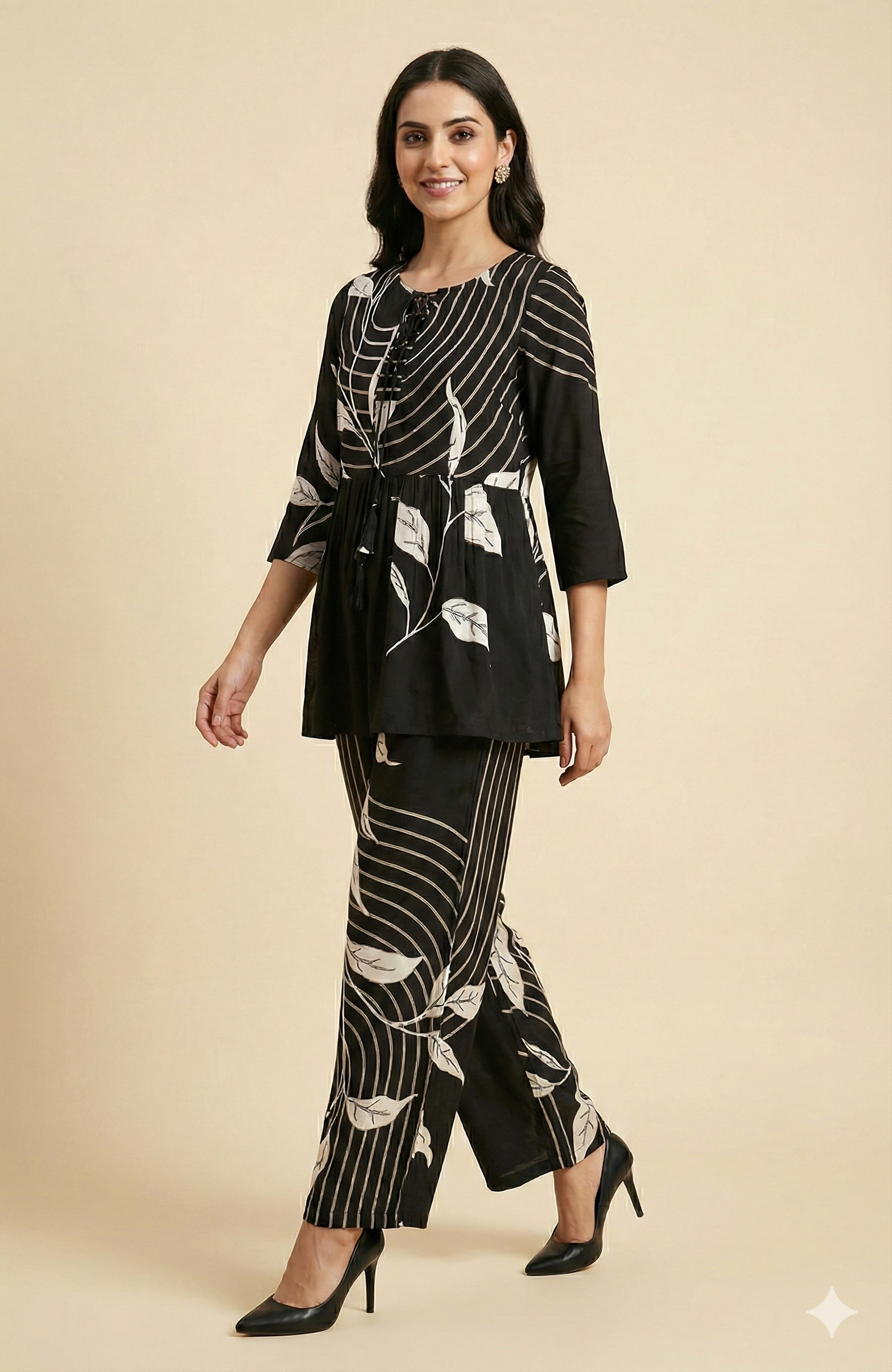 Black Floral Print Rayon A-Line Top and Pant Set with Modern Ethnic Look